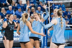 Creighton Bluejay Ava Martin (8) celebrates a crucial point during a volleyball match game against Northern Colorado on Thursday, Dec 4, 2025, in Omaha, Nebraska. Photo by Brandon Tiedemann.
