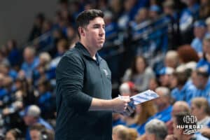Creighton Bluejay head coach Brian Rosen calls a timeout during a volleyball match game against Northern Colorado on Thursday, Dec 4, 2025, in Omaha, Nebraska. Photo by Brandon Tiedemann.