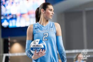 Creighton Bluejay Abbey Hayes (2) waits to serve during a volleyball match game against Northern Colorado on Thursday, Dec 4, 2025, in Omaha, Nebraska. Photo by Brandon Tiedemann.