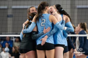 Creighton Bluejays celebrate a point during a volleyball match game against Northern Colorado on Thursday, Dec 4, 2025, in Omaha, Nebraska. Photo by Brandon Tiedemann.