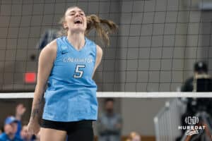 Creighton Bluejay Kiara Reinhardt (5) cheers after a kill during a volleyball match game against Northern Colorado on Thursday, Dec 4, 2025, in Omaha, Nebraska. Photo by Brandon Tiedemann.