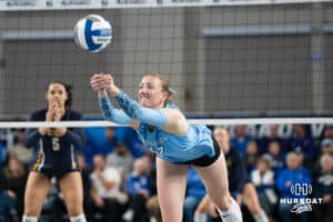 Creighton Bluejay Annalea Maeder (17) dives for the ball during a volleyball match game against Northern Colorado on Thursday, Dec 4, 2025, in Omaha, Nebraska. Photo by Brandon Tiedemann.