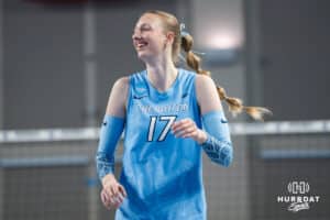 Creighton Bluejay Annalea Maeder (17) smiles during a volleyball match game against Northern Colorado on Thursday, Dec 4, 2025, in Omaha, Nebraska. Photo by Brandon Tiedemann.