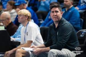 Creighton Bluejay head coach Brian Rosen questions a call during a volleyball match game against Northern Colorado on Thursday, Dec 4, 2025, in Omaha, Nebraska. Photo by Brandon Tiedemann.