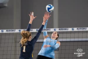 Creighton Bluejay Eloise Brandewie (10) tips the ball during a volleyball match game against Northern Colorado on Thursday, Dec 4, 2025, in Omaha, Nebraska. Photo by Brandon Tiedemann.