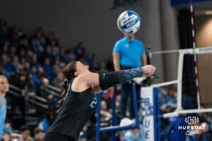 Creighton Bluejay Sydney Breissinger (24) bumps the ball during a volleyball match game against Northern Colorado on Thursday, Dec 4, 2025, in Omaha, Nebraska. Photo by Brandon Tiedemann.