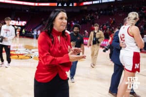 Nebraska Cornhusker head coach Amy Williams heads to the locker room after the win over the Bradley Braves during a college basketball game on Wednesday, Dec. 3, 2025, in Lincoln, Nebraska. Photo by John S. Peterson.