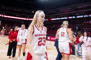Nebraska Cornhusker guard Britt Prince (23) walks off the court after the win over the Bradley Braves during a college basketball game on Wednesday, Dec. 3, 2025, in Lincoln, Nebraska. Photo by John S. Peterson.
