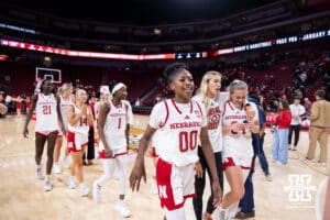 Nebraska Cornhusker guard Alanna Neale (00) and the Huskers walk off the court after the win over the Bradley Braves during a college basketball game on Wednesday, Dec. 3, 2025, in Lincoln, Nebraska. Photo by John S. Peterson.