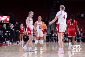 Nebraska Cornhuskers celebrates the win over the Bradley Braves during a college basketball game on Wednesday, Dec. 3, 2025, in Lincoln, Nebraska. Photo by John S. Peterson.