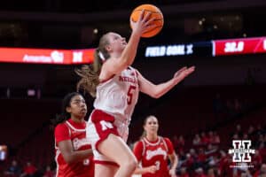 Nebraska Cornhusker guard Claire Johnson (5) makes a lay up against the Bradley Braves in the fourth quarter during a college basketball game on Wednesday, Dec. 3, 2025, in Lincoln, Nebraska. Photo by John S. Peterson.