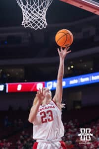 Nebraska Cornhusker guard Britt Prince (23) makes a lay up against the Bradley Braves in the second half during a college basketball game on Wednesday, Dec. 3, 2025, in Lincoln, Nebraska. Photo by John S. Peterson.