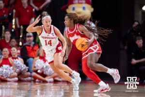 Nebraska Cornhusker guard Callin Hake (14) guards Bradley Brave guard Kaylen Nelson (0) in the second half during a college basketball game on Wednesday, Dec. 3, 2025, in Lincoln, Nebraska. Photo by John S. Peterson.