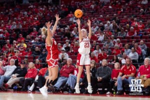 Nebraska Cornhusker guard Britt Prince (23) makes a three-point shot against the Bradley Braves during a college basketball game on Wednesday, Dec. 3, 2025, in Lincoln, Nebraska. Photo by John S. Peterson.