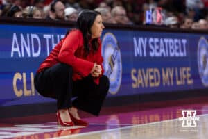 Nebraska Cornhusker head coach Amy Williams watches the action on the court against the Bradley Braves in the fourth quarter during a college basketball game on Wednesday, Dec. 3, 2025, in Lincoln, Nebraska. Photo by John S. Peterson.