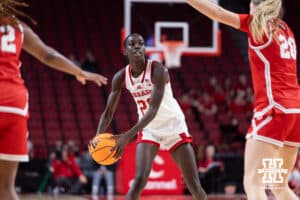Nebraska Cornhusker forward Eliza Maupin (21) looks to pass against the Bradley Braves in the fourth quarter during a college basketball game on Wednesday, Dec. 3, 2025, in Lincoln, Nebraska. Photo by John S. Peterson.
