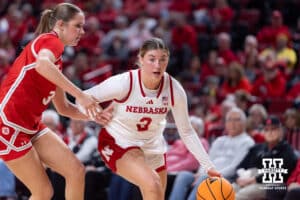 Nebraska Cornhusker guard Allison Weidner (3) dribbles the ball against Bradley Brave guard Lila Posthuma (3) in the fourth quarter during a college basketball game on Wednesday, Dec. 3, 2025, in Lincoln, Nebraska. Photo by John S. Peterson.