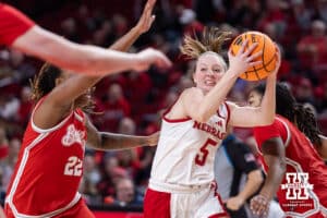 Nebraska Cornhusker guard Claire Johnson (5) drives to the basket against the Bradley Braves in the fourth quarter during a college basketball game on Wednesday, Dec. 3, 2025, in Lincoln, Nebraska. Photo by John S. Peterson.