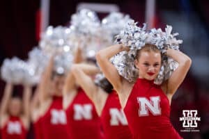 Nebraska Cornhuskers dance team the Scarlets perform at a break in the action against the Bradley Braves during a college basketball game on Wednesday, Dec. 3, 2025, in Lincoln, Nebraska. Photo by John S. Peterson.
