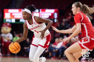 Nebraska Cornhusker guard Hailey Weaver (1) dribbles the ball against Bradley Brave guard Lila Posthuma (3) in the second half during a college basketball game on Wednesday, Dec. 3, 2025, in Lincoln, Nebraska. Photo by John S. Peterson.