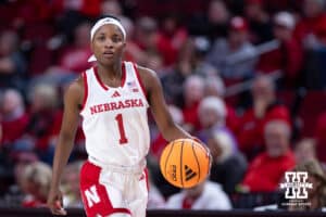 Nebraska Cornhusker guard Hailey Weaver (1) dribbles the ball against the Bradley Braves in the third quarter during a college basketball game on Wednesday, Dec. 3, 2025, in Lincoln, Nebraska. Photo by John S. Peterson.