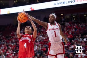 Nebraska Cornhusker guard Hailey Weaver (1) blocks a shot by Bradley Brave guard Maya Foz (4) in the first quarter during a college basketball game on Wednesday, Dec. 3, 2025, in Lincoln, Nebraska. Photo by John S. Peterson.