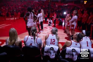 Nebraska Cornhuskers starter watching the video before introductions against the Bradley Braves during a college basketball game on Wednesday, Dec. 3, 2025, in Lincoln, Nebraska. Photo by John S. Peterson.