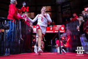 Nebraska Cornhusker guard Logan Nissley (2) runs out to the court for the start of the game against the Bradley Braves during a college basketball game on Wednesday, Dec. 3, 2025, in Lincoln, Nebraska. Photo by John S. Peterson.