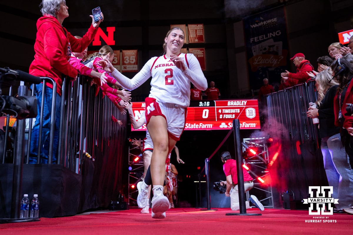 Nebraska Cornhusker guard Logan Nissley (2) runs out to the court for the start of the game against the Bradley Braves during a college basketball game on Wednesday, Dec. 3, 2025, in Lincoln, Nebraska. Photo by John S. Peterson.