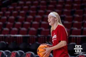 Nebraska Cornhusker guard Britt Prince (23) warms up for the Bradley Braves during a college basketball game on Wednesday, Dec. 3, 2025, in Lincoln, Nebraska. Photo by John S. Peterson.