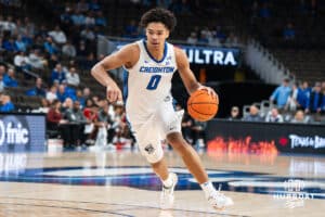 Creighton Bluejay Jasen Green (0) drives to the hoop during a college basketball game against Nicholls on Tuesday, Dec 2, 2025, in Omaha, Nebraska. Photo by Brandon Tiedemann.