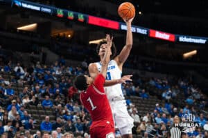 Creighton Bluejay Jasen Green (0) shoots over a defender during a college basketball game against Nicholls on Tuesday, Dec 2, 2025, in Omaha, Nebraska. Photo by Brandon Tiedemann.