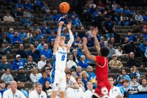 Creighton Bluejay Ty Davis (9) shoots a three pointer during a college basketball game against Nicholls on Tuesday, Dec 2, 2025, in Omaha, Nebraska. Photo by Brandon Tiedemann.