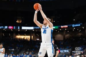 Creighton Bluejay Isaac Traudt (41) shoots a three pointer during a college basketball game against Nicholls on Tuesday, Dec 2, 2025, in Omaha, Nebraska. Photo by Brandon Tiedemann.