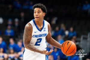 Creighton Bluejay Blake Harper (2) looks to pass during a college basketball game against Nicholls on Tuesday, Dec 2, 2025, in Omaha, Nebraska. Photo by Brandon Tiedemann.