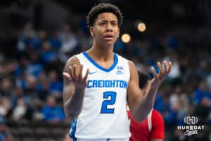 Creighton Bluejay Blake Harper (2) reacts to a call during a college basketball game against Nicholls on Tuesday, Dec 2, 2025, in Omaha, Nebraska. Photo by Brandon Tiedemann.