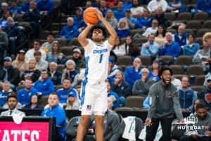 Creighton Bluejay Austin Swartz (1) shoots a wide open three pointer during a college basketball game against Nicholls on Tuesday, Dec 2, 2025, in Omaha, Nebraska. Photo by Brandon Tiedemann.