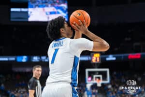 Creighton Bluejay Austin Swartz (1) shoots a three pointer during a college basketball game against Nicholls on Tuesday, Dec 2, 2025, in Omaha, Nebraska. Photo by Brandon Tiedemann.
