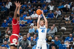 Creighton Bluejay Isaac Traudt (41) shoots a three pointer during a college basketball game against Nicholls on Tuesday, Dec 2, 2025, in Omaha, Nebraska. Photo by Brandon Tiedemann.