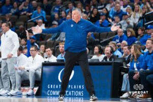 Creighton Bluejay head coach Greg McDermott throws his hands in the air during a college basketball game against Nicholls on Tuesday, Dec 2, 2025, in Omaha, Nebraska. Photo by Brandon Tiedemann.