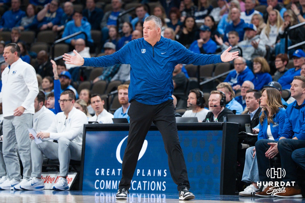 Creighton Bluejay head coach Greg McDermott throws his hands in the air during a college basketball game against Nicholls on Tuesday, Dec 2, 2025, in Omaha, Nebraska. Photo by Brandon Tiedemann.