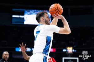 Creighton Bluejay Fedor Žugić (7) shoots a three pointer during a college basketball game against Nicholls on Tuesday, Dec 2, 2025, in Omaha, Nebraska. Photo by Brandon Tiedemann.