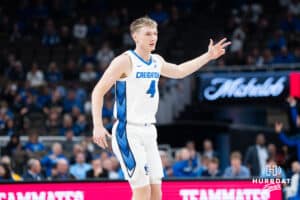 Creighton Bluejay Josh Dix (4) celebrates a made three pointer during a college basketball game against Nicholls on Tuesday, Dec 2, 2025, in Omaha, Nebraska. Photo by Brandon Tiedemann.