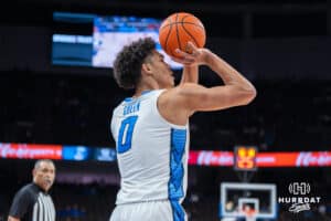 Creighton Bluejay Jasen Green (0) shoots a three pointer during a college basketball game against Nicholls on Tuesday, Dec 2, 2025, in Omaha, Nebraska. Photo by Brandon Tiedemann.