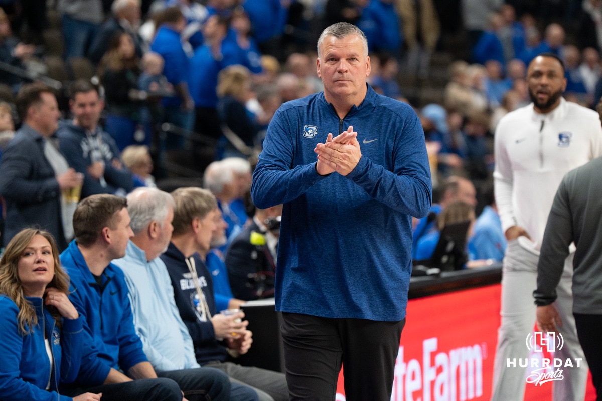 Creighton Bluejay head coach Greg McDermott walks toward the bench before a college basketball game against Nicholls on Tuesday, Dec 2, 2025, in Omaha, Nebraska. Photo by Brandon Tiedemann.