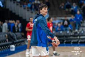 Creighton Bluejay Kerem Konan (17) warms up before a college basketball game against Nicholls on Tuesday, Dec 2, 2025, in Omaha, Nebraska. Photo by Brandon Tiedemann.