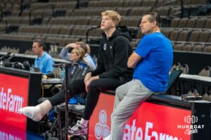 Creighton Bluejay Jackson McAndrew (23) sits on the scorers table before a college basketball game against Nicholls on Tuesday, Dec 2, 2025, in Omaha, Nebraska. Photo by Brandon Tiedemann.