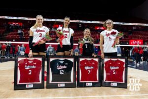 Nebraska Cornhusker seniors Allie Sczech, Taylor Landfair, Maisie Boesiger, and Rebekah Allick pose for a photo for senior day after a win over the Ohio State Buckeyes on Saturday, Nov. 29, 2025, in Lincoln, Nebraska. Photo by John S. Peterson.
