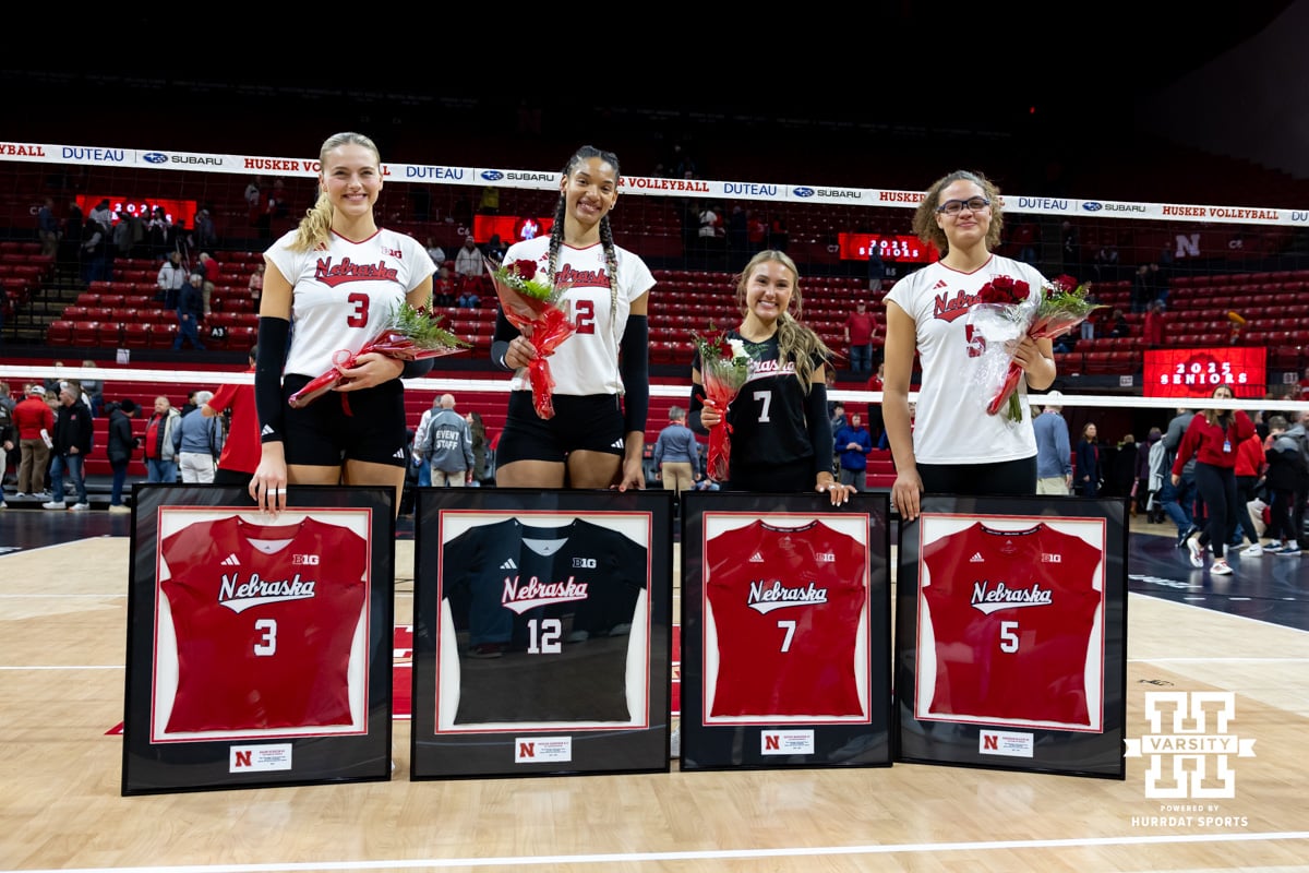 Nebraska Cornhusker seniors Allie Sczech, Taylor Landfair, Maisie Boesiger, and Rebekah Allick pose for a photo for senior day after a win over the Ohio State Buckeyes on Saturday, Nov. 29, 2025, in Lincoln, Nebraska. Photo by John S. Peterson.