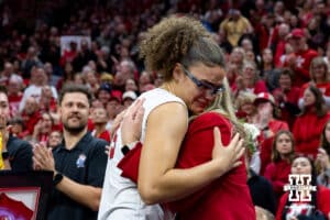 Nebraska Cornhusker middle blocker Rebekah Allick hugs the head coach Dani Busboom Kelly for senior day after win over Ohio State Buckeyes on Saturday, Nov. 29, 2025, in Lincoln, Nebraska. Photo by John S. Peterson.